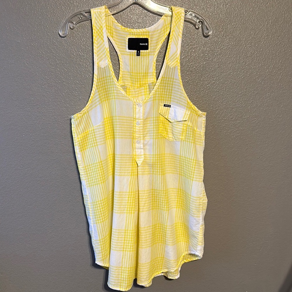 Hurley Brand SZ Small Cotton Sleeveless Yellow/white plaid top Like New!